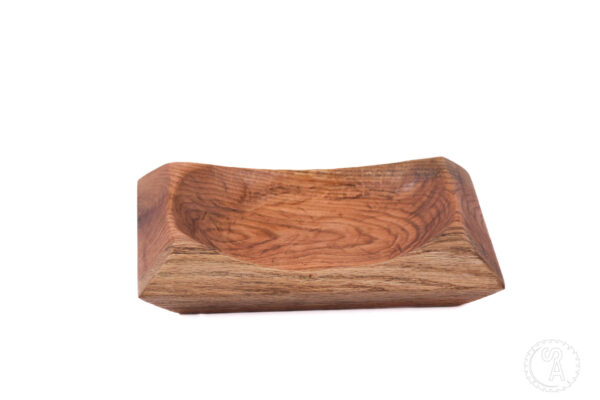 front angle shallow oak bowl in the shape of a square
